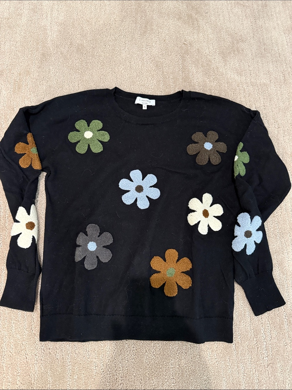 J. Society Black Floral Appliqué Crewneck Sweater